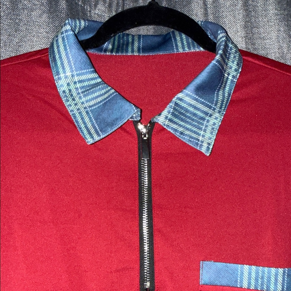 Red Long Sleeve Shirt with Plaid Collar Quarter Zip - Picture 3 of 4